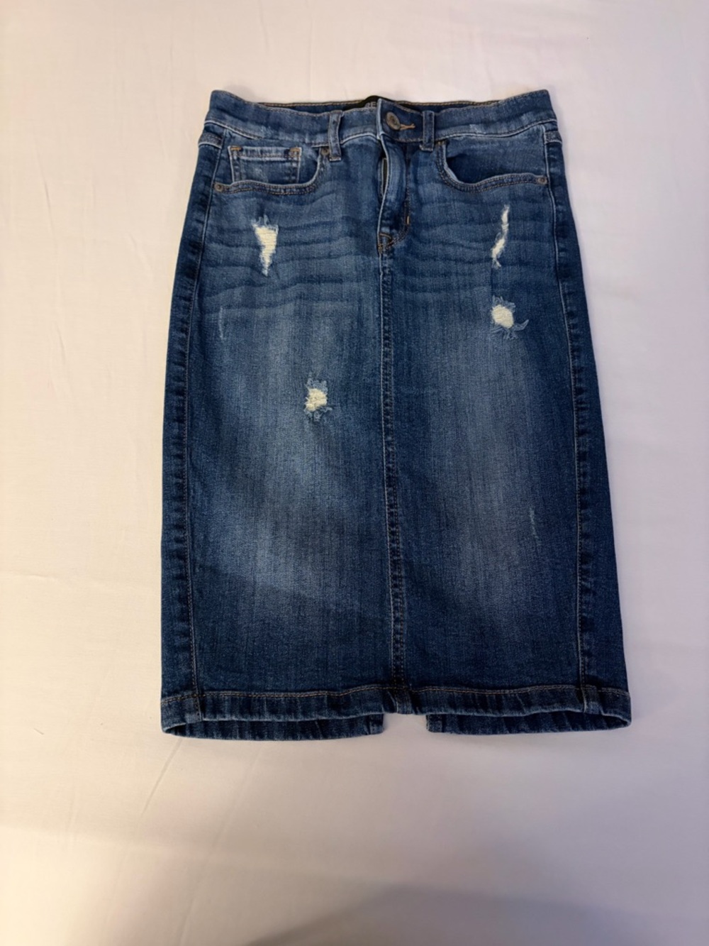 Denim Distressed Pencil Skirt - Blue